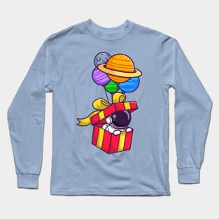 Cute Astronaut In Box Floating With Planet Balloon Cartoon Long Sleeve T-Shirt